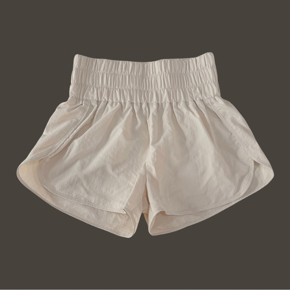 Zenana Windbreaker Smocked Waist Shorts | Bone Neutral Beige | Size M